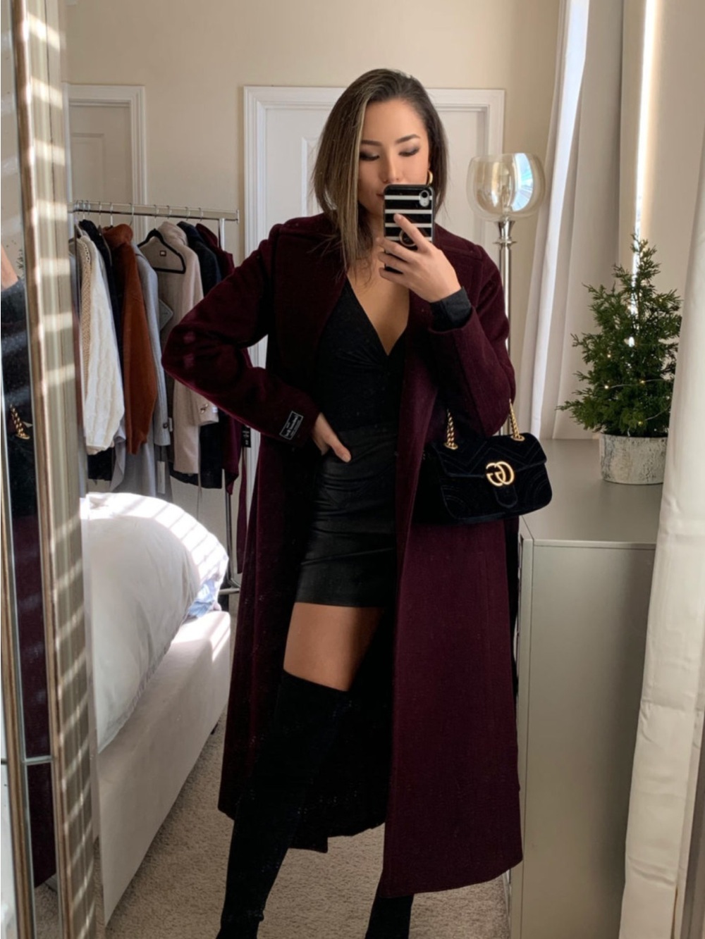 Long Burgundy Wool Trench Coat - Tailored Chic